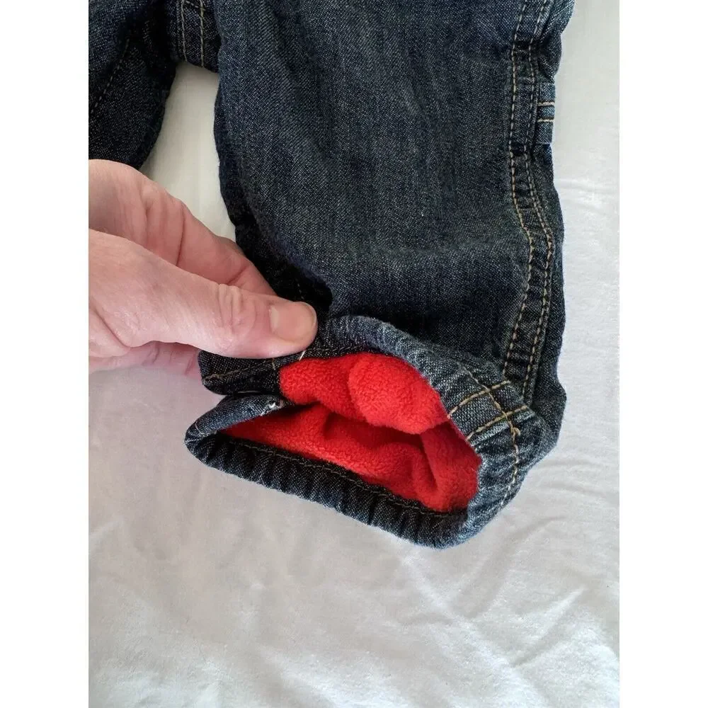 OshKosh B'gosh Fleece Lined Denim Bib Long Overalls Size 6 M Classic Blue Red